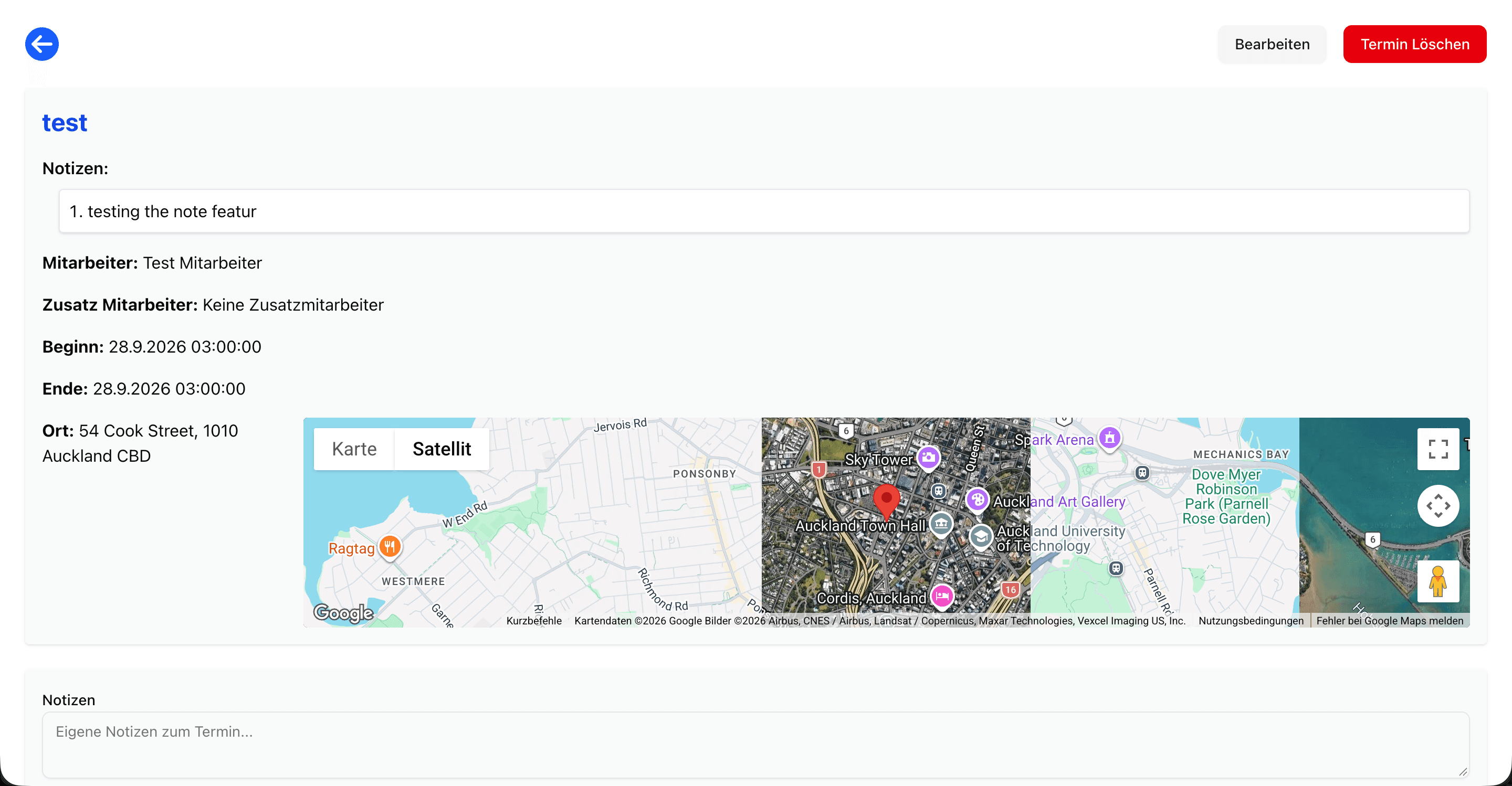Job detail view with notes, staff, times and a Google Maps location strip