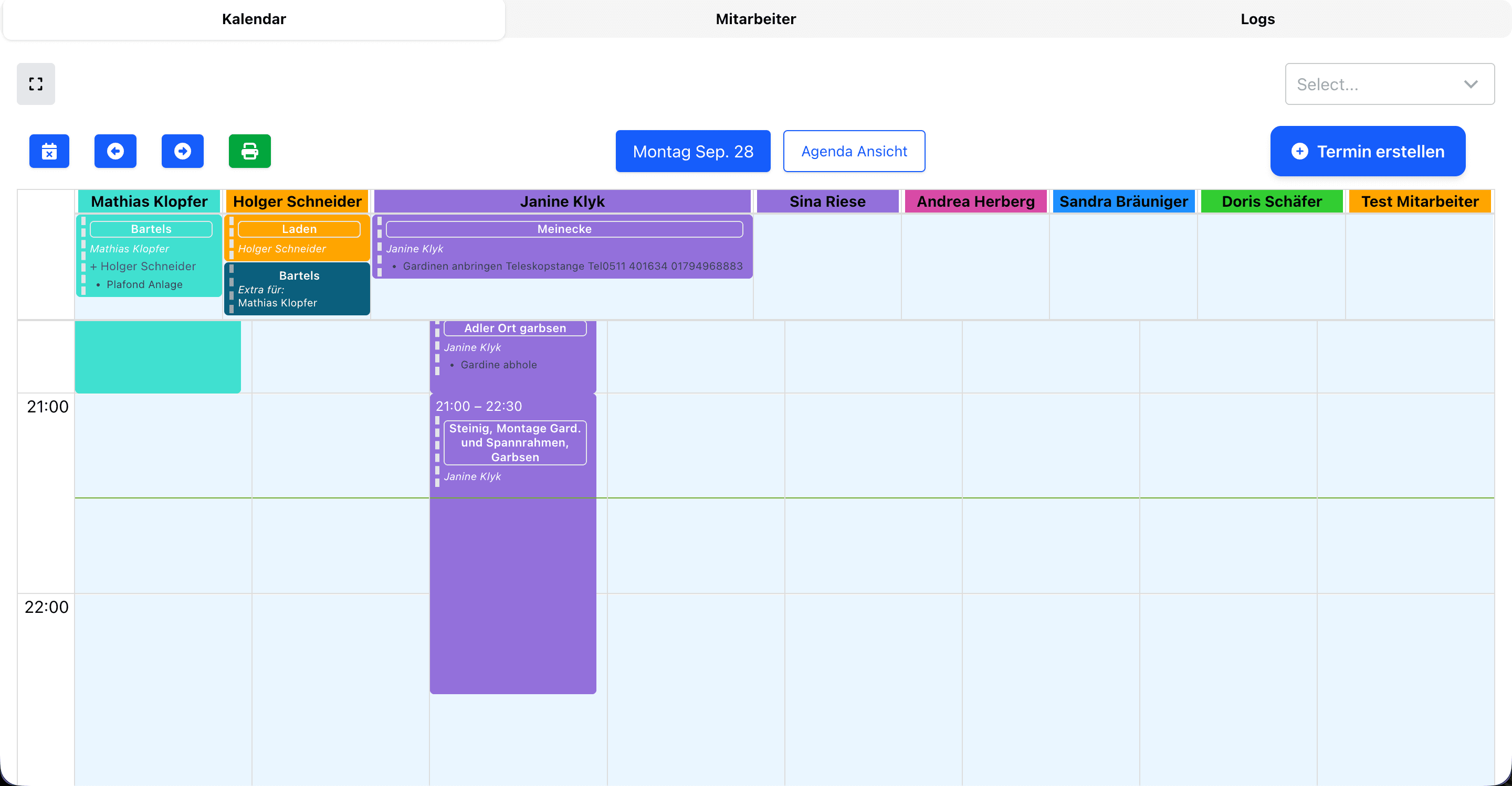 Scheduling calendar with a colour-coded column per employee and job blocks