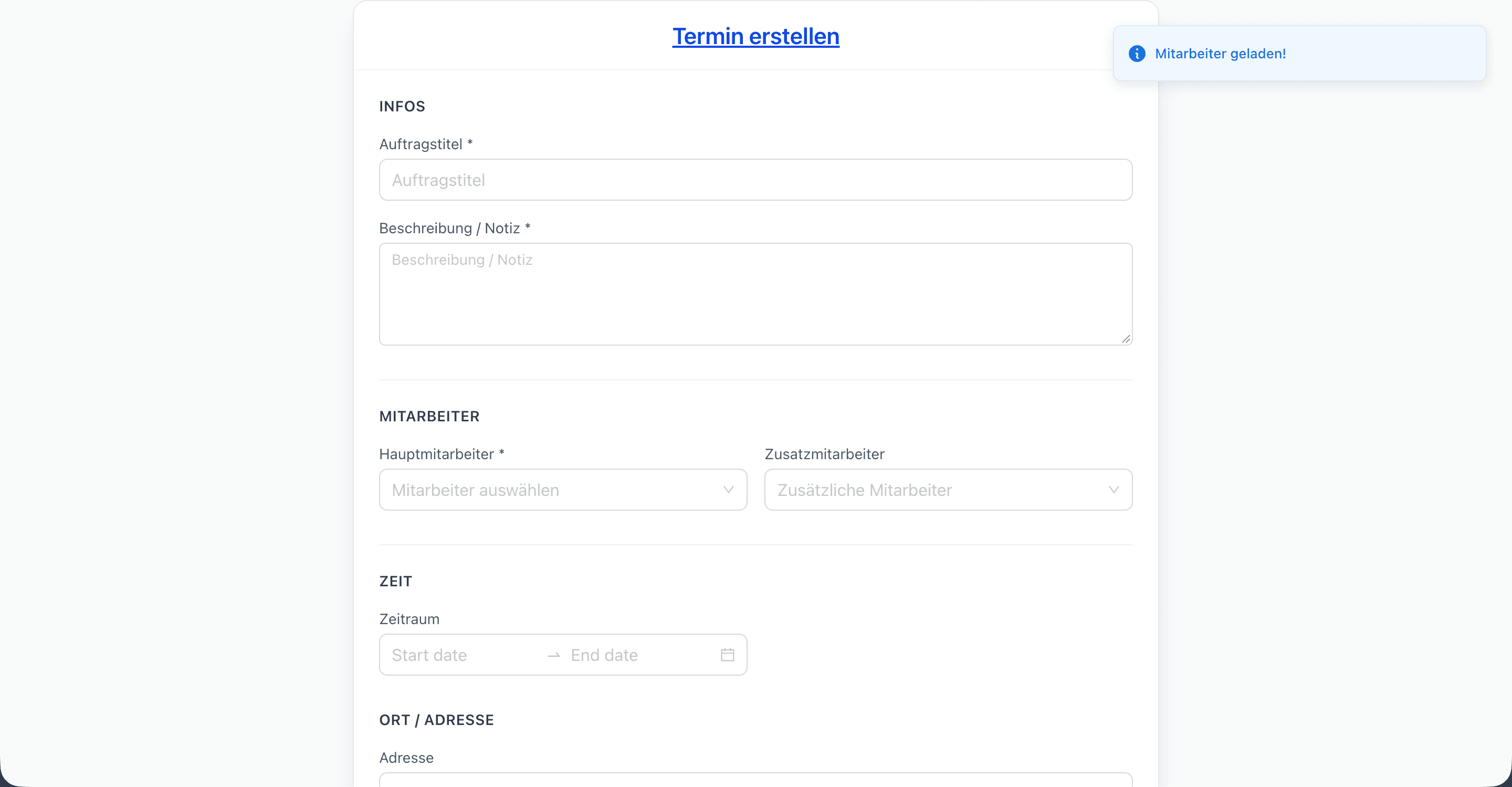 Create-job form with sections for info, staff, time and address