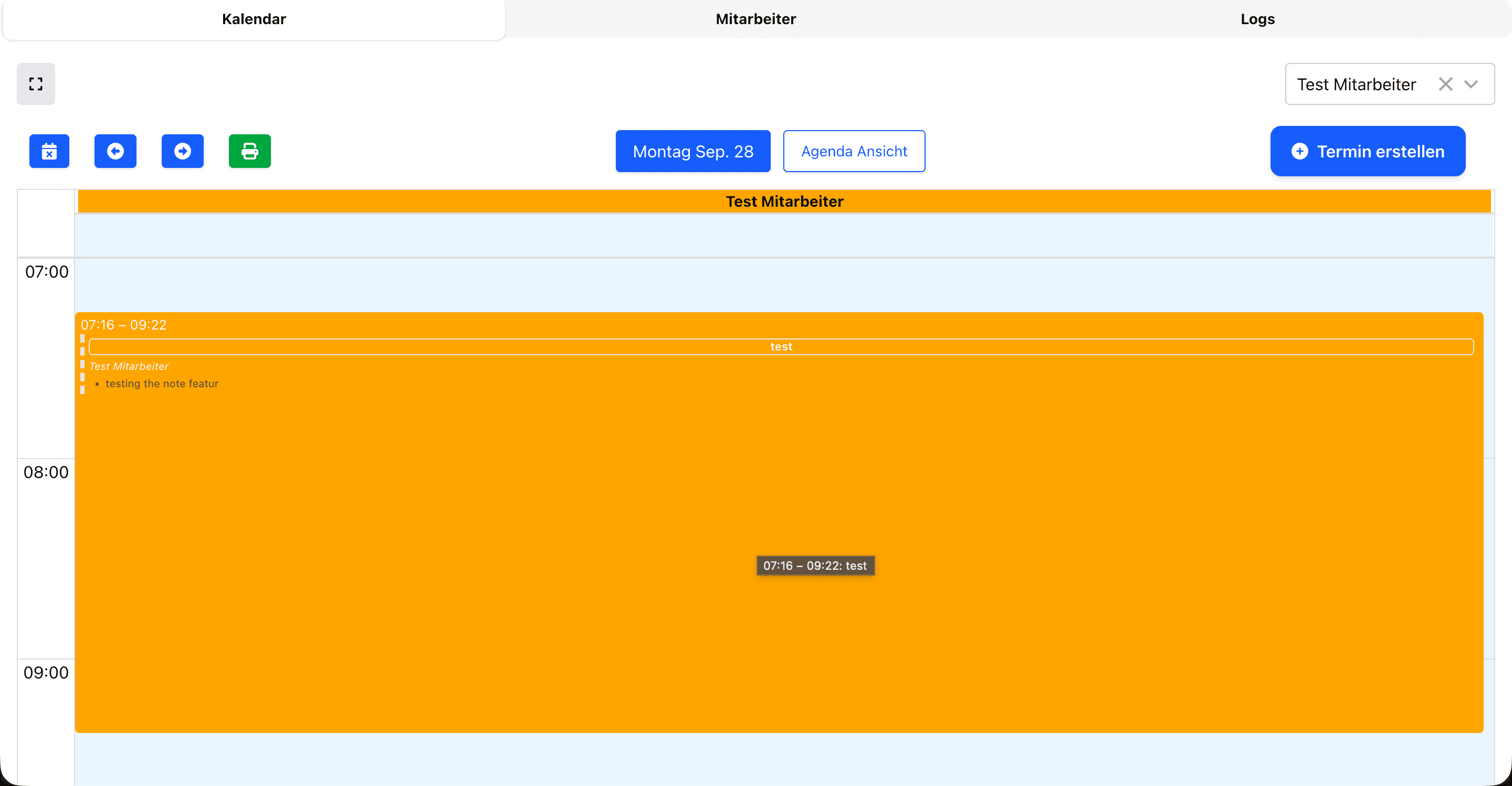 Single-employee day view with an expanded job block and time tooltip