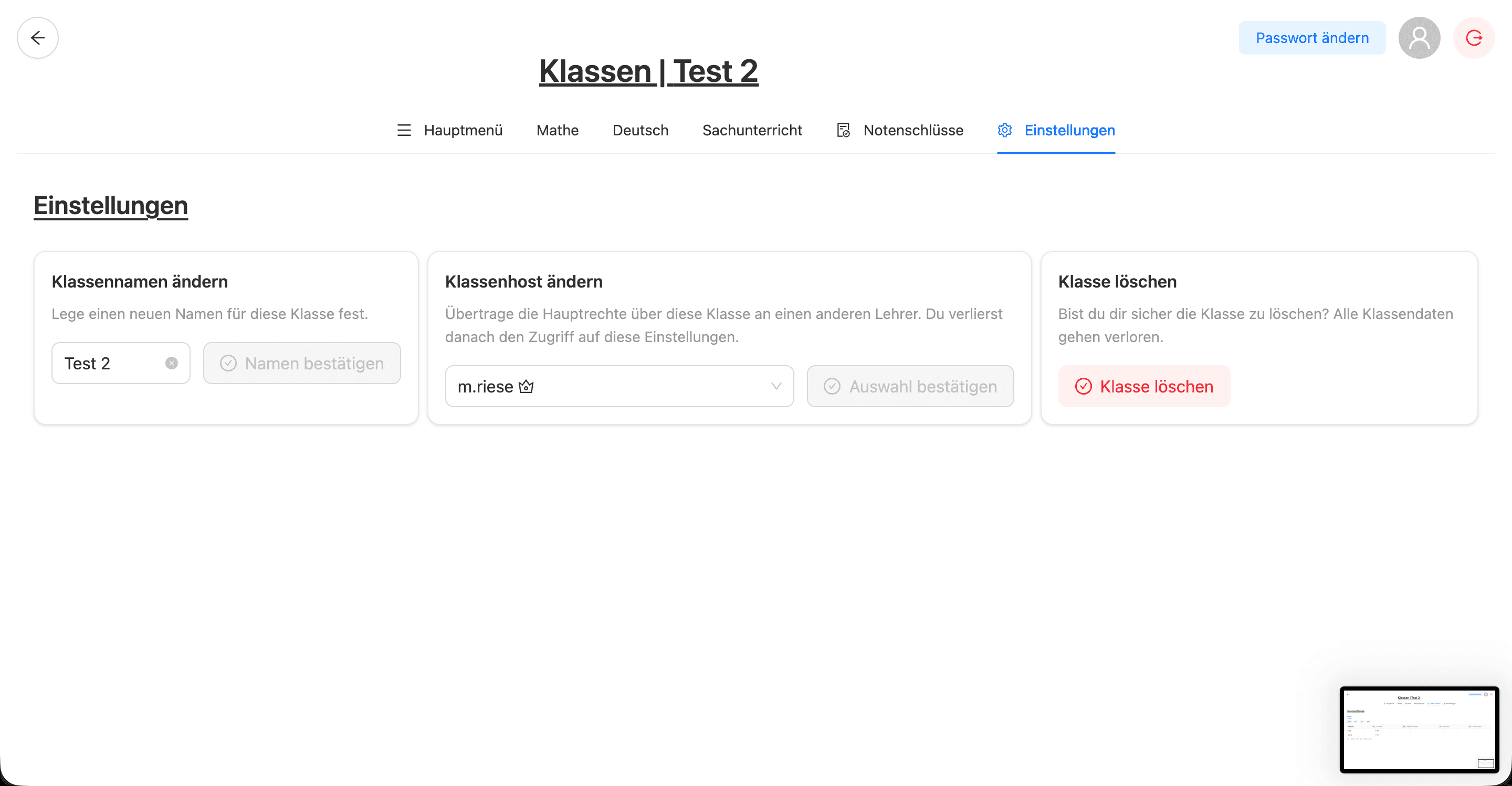 Class settings panel: rename, transfer host rights, delete