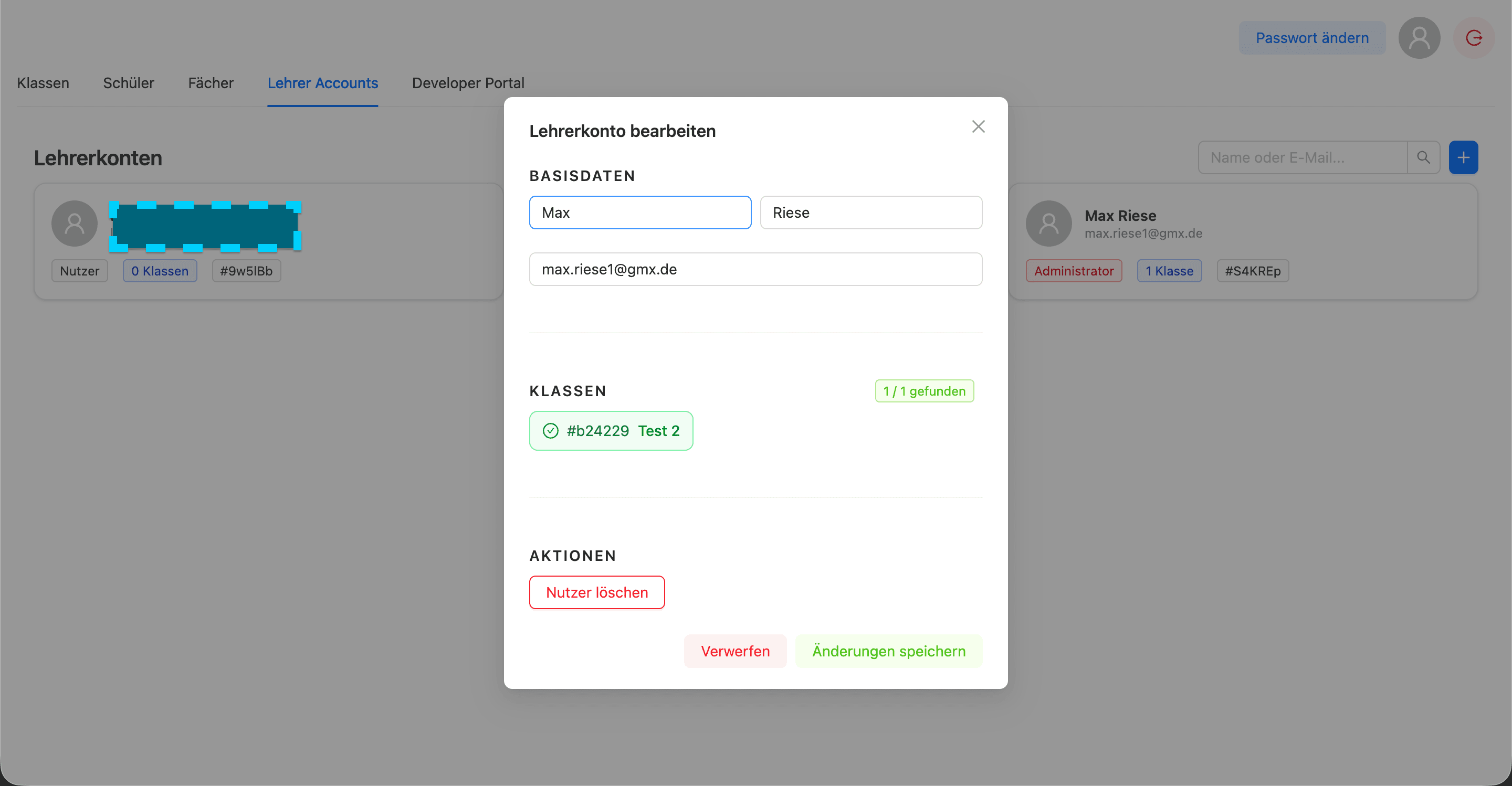 Teacher account editor modal with role and class assignments